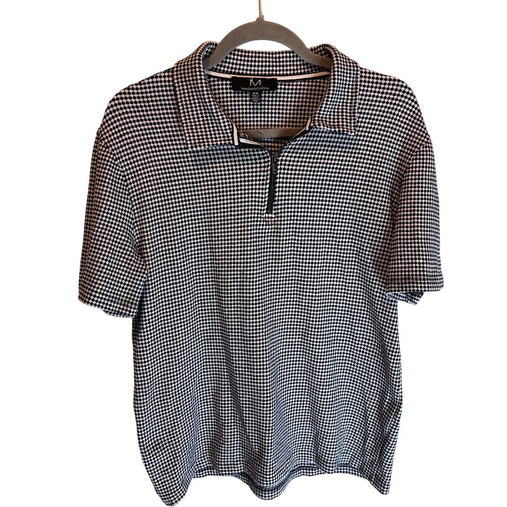 Magaschoni Houndstooth Quarter Zip Polo Medium Black White Stretch Top - Picture 2 of 5